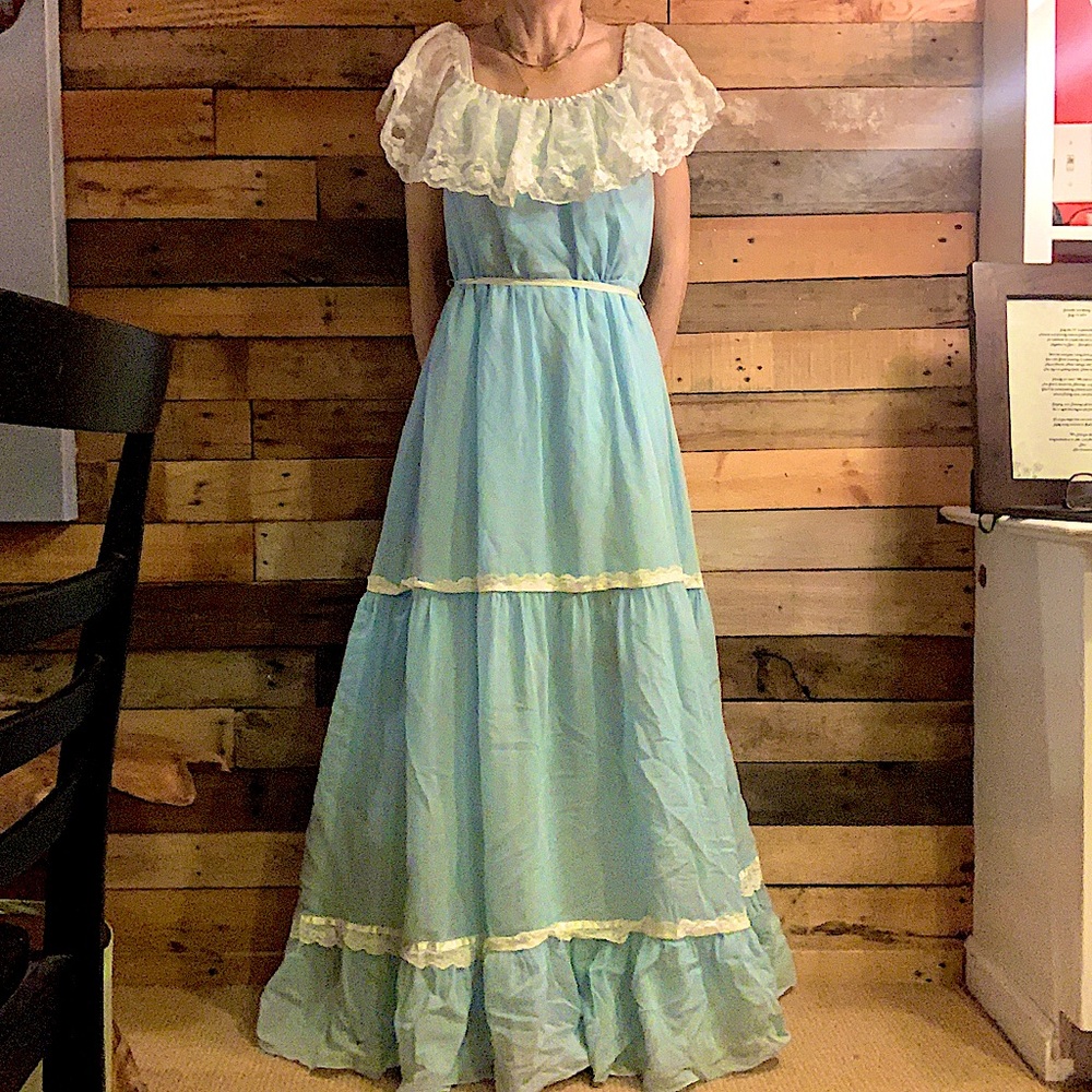Cottage Core Vintage Prairie Blue Tier Dress